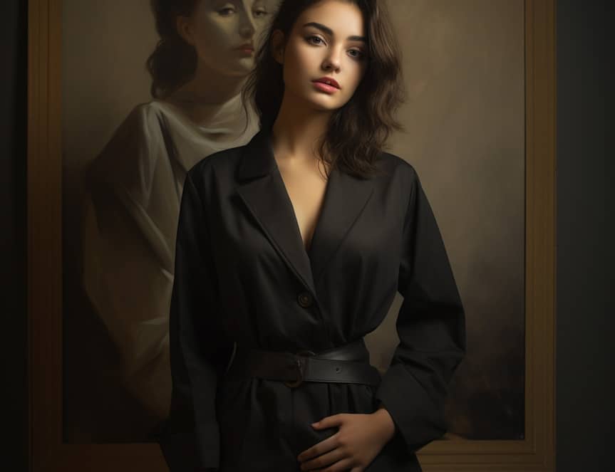 Une femme en robe noire posant devant un tableau.