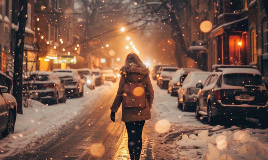 un femme marchant dans la rue en hiver
